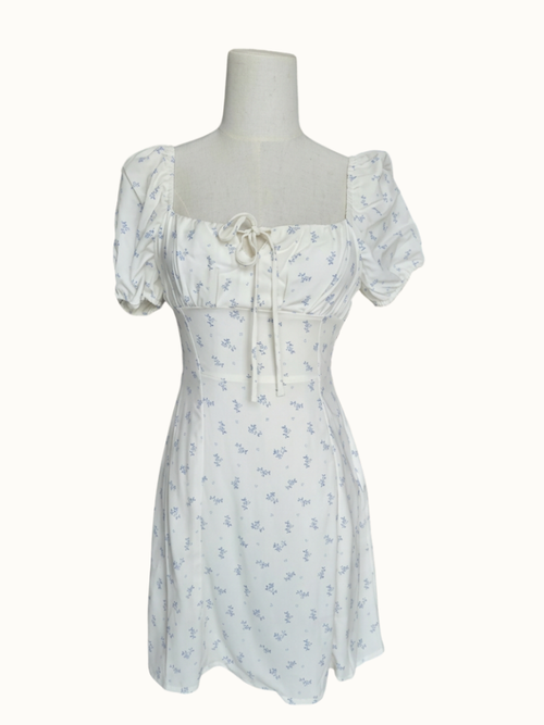 White & Blue Floral Milkmaid Mini Dress
