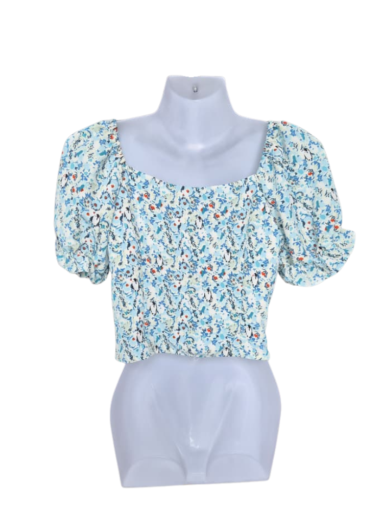 Hopeshow Blue Floral Puff Sleeve Crop Top – Size S