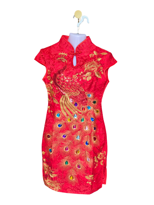 Traditional Red Peacock Cheongsam Dress