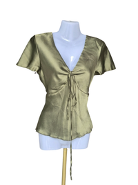 Olive Satin Tie-Front Blouse – Size XS