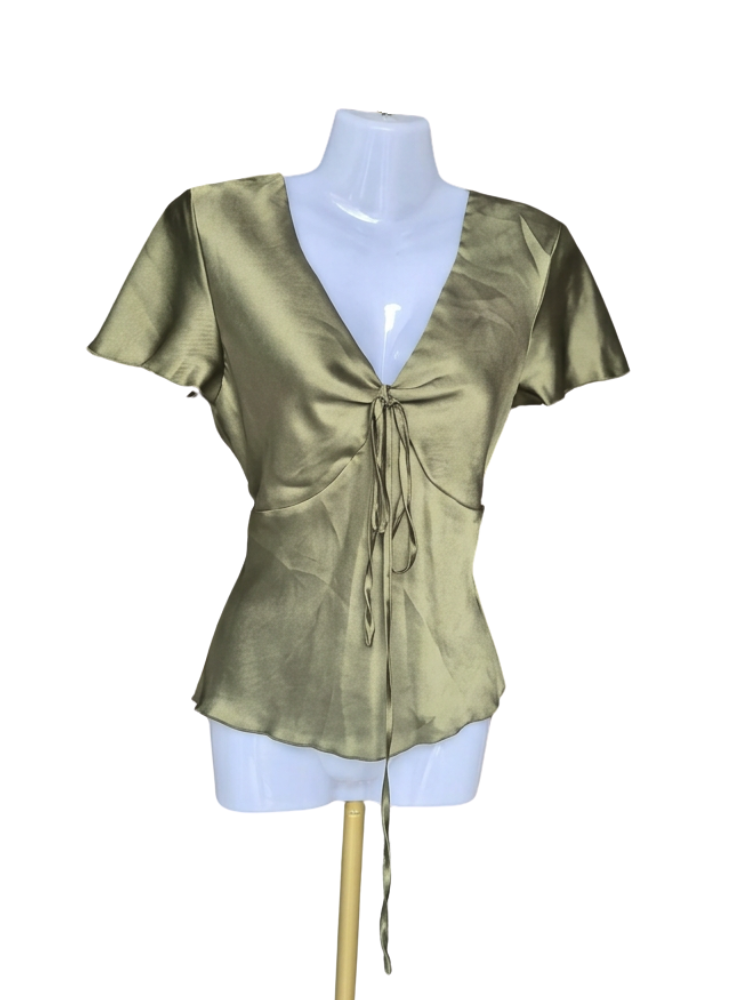 Olive Satin Tie-Front Blouse – Size XS