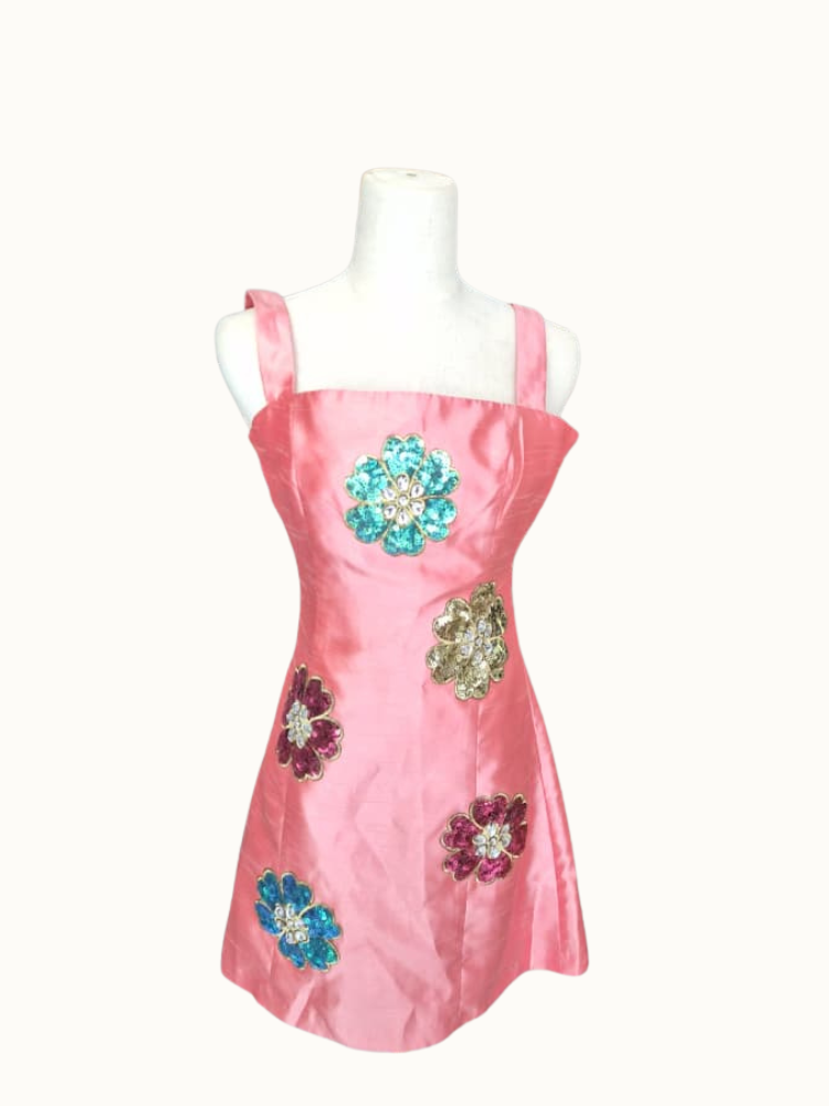 Pink Silk Floral Embellished Mini Dress (XS /S)