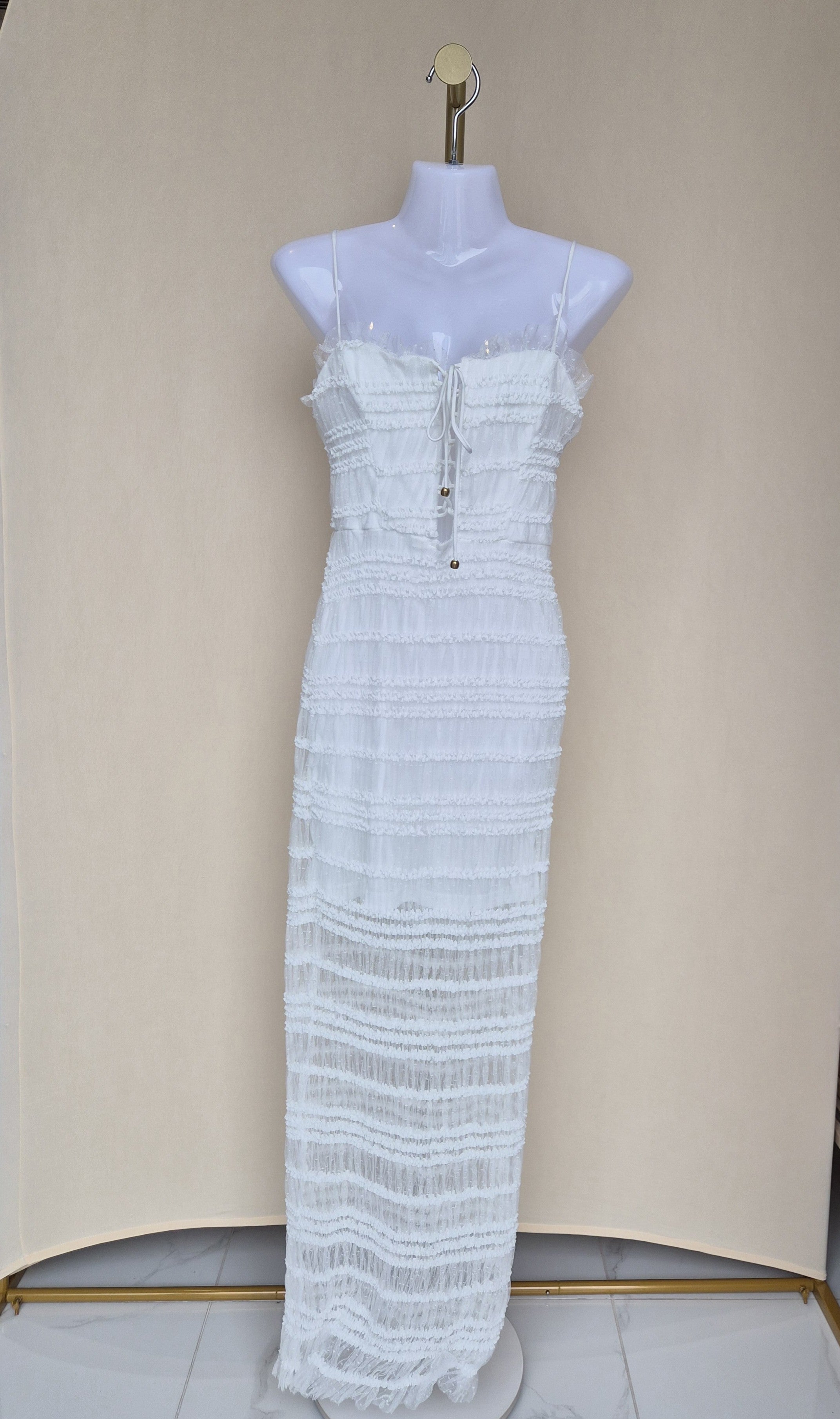 White Textured Lace-Up Maxi Dress (Size S)