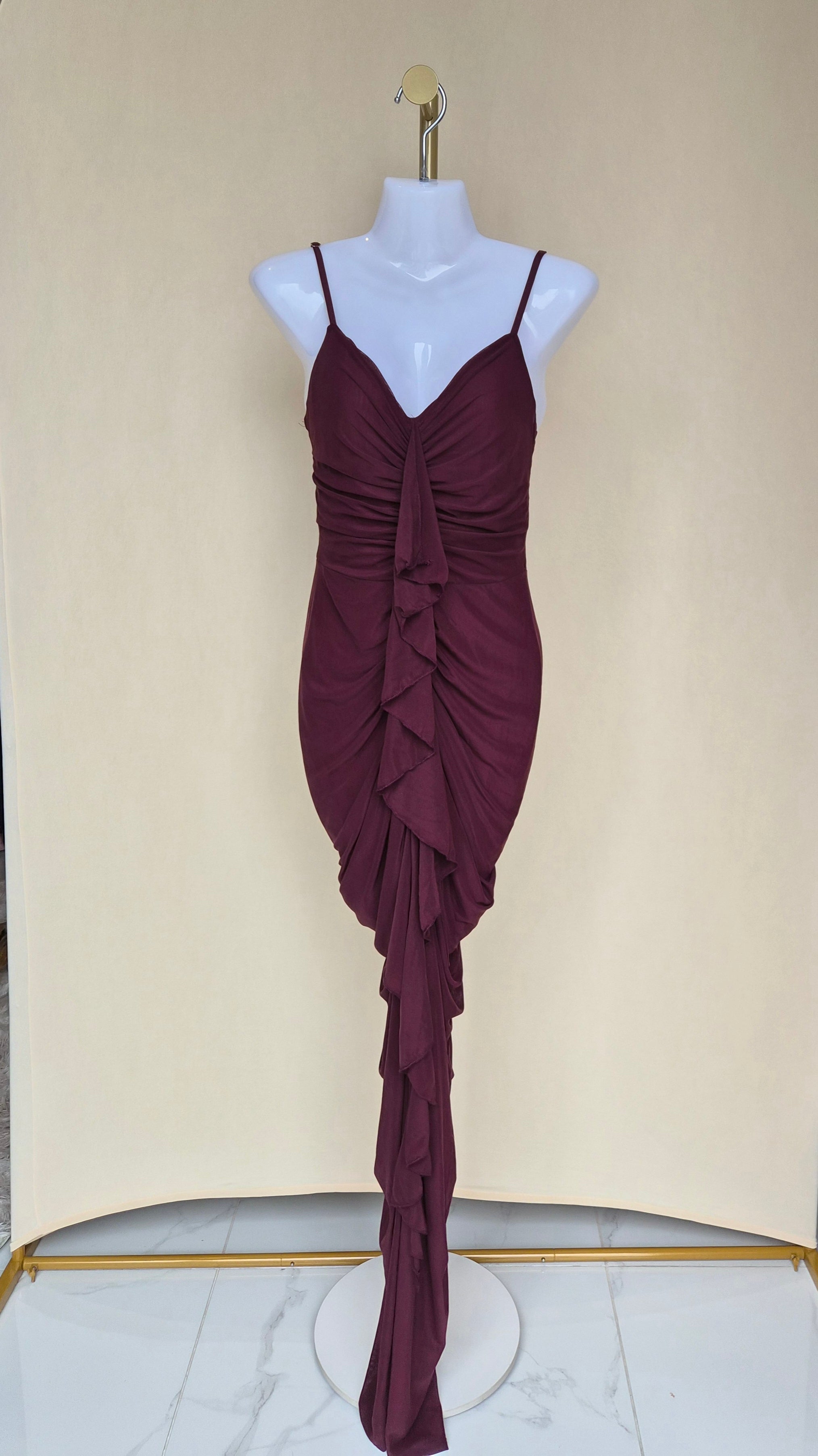 Burgundy Ruched Ruffle Maxi Evening Dress (Size S)