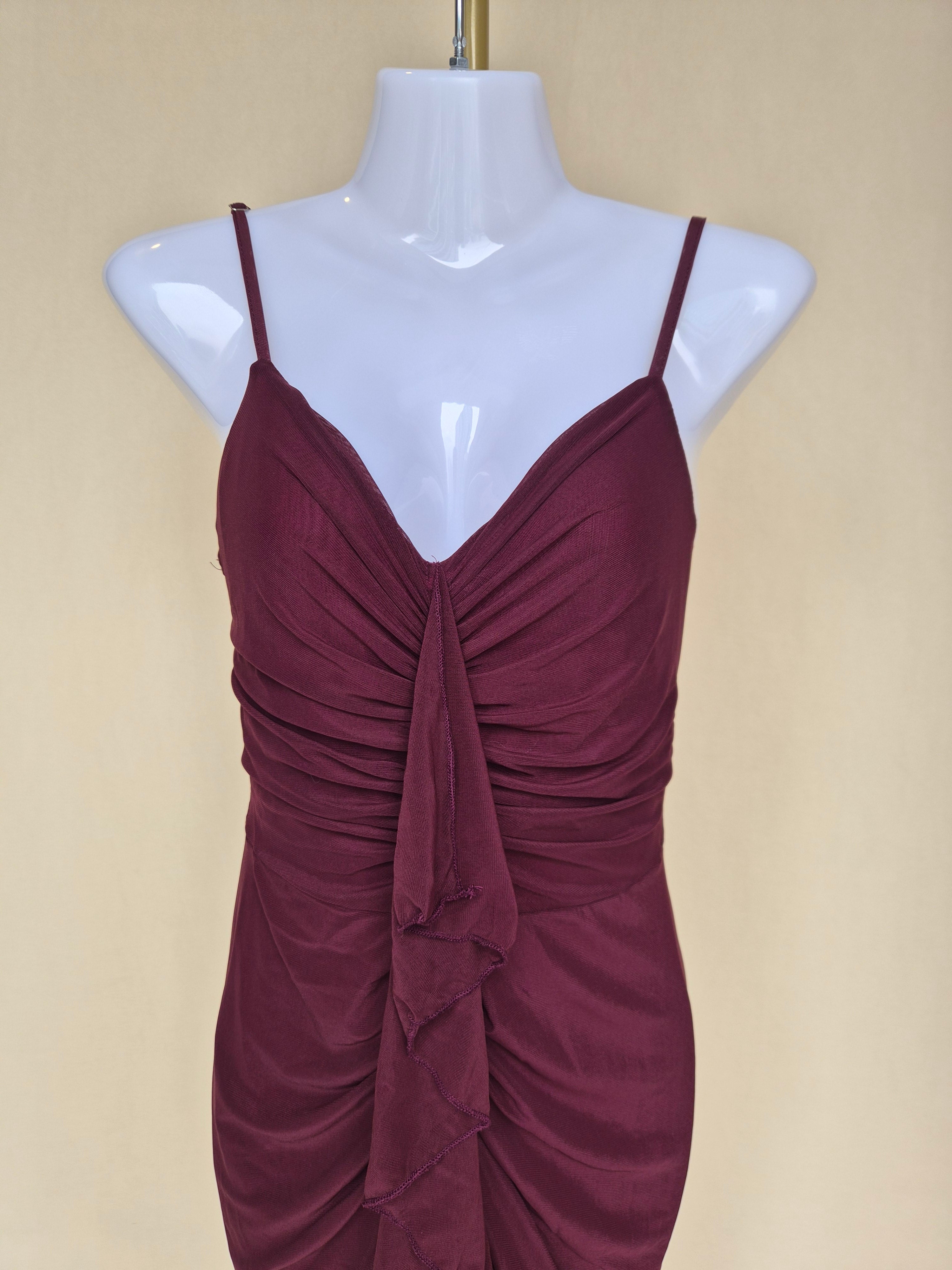 Burgundy Ruched Ruffle Maxi Evening Dress (Size S)