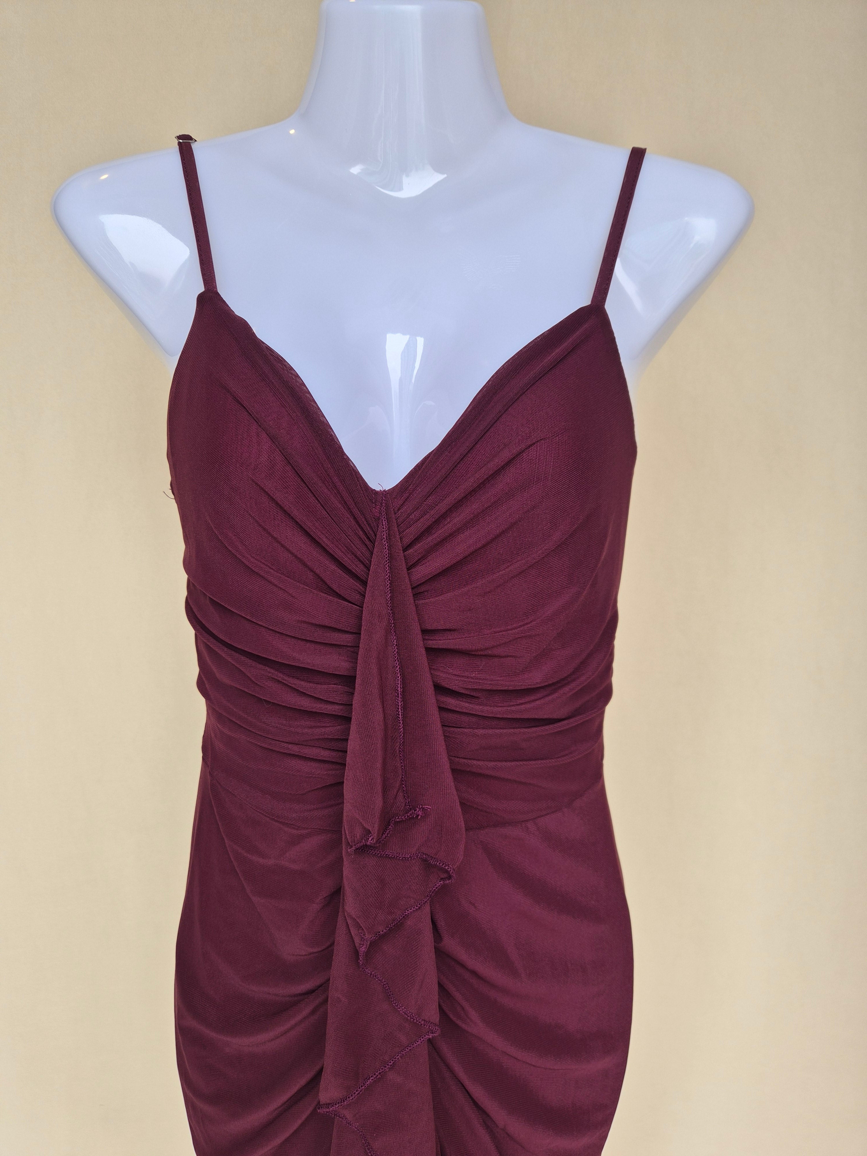 Burgundy Ruched Ruffle Maxi Evening Dress (Size S)