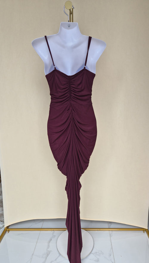 Burgundy Ruched Ruffle Maxi Evening Dress (Size S)