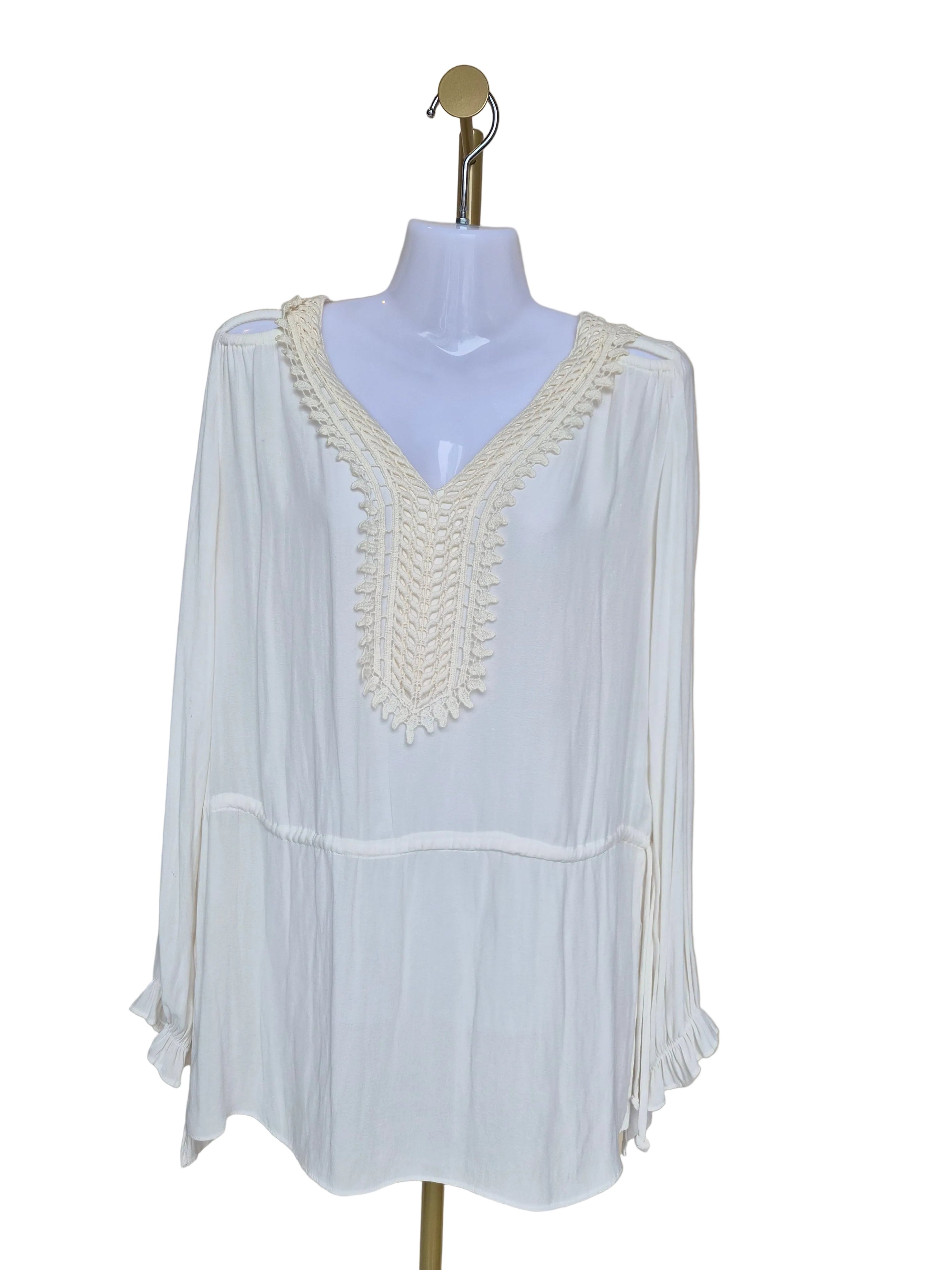 ZARA Basic Ivory Crochet Trim V-Neck Blouse (XS)