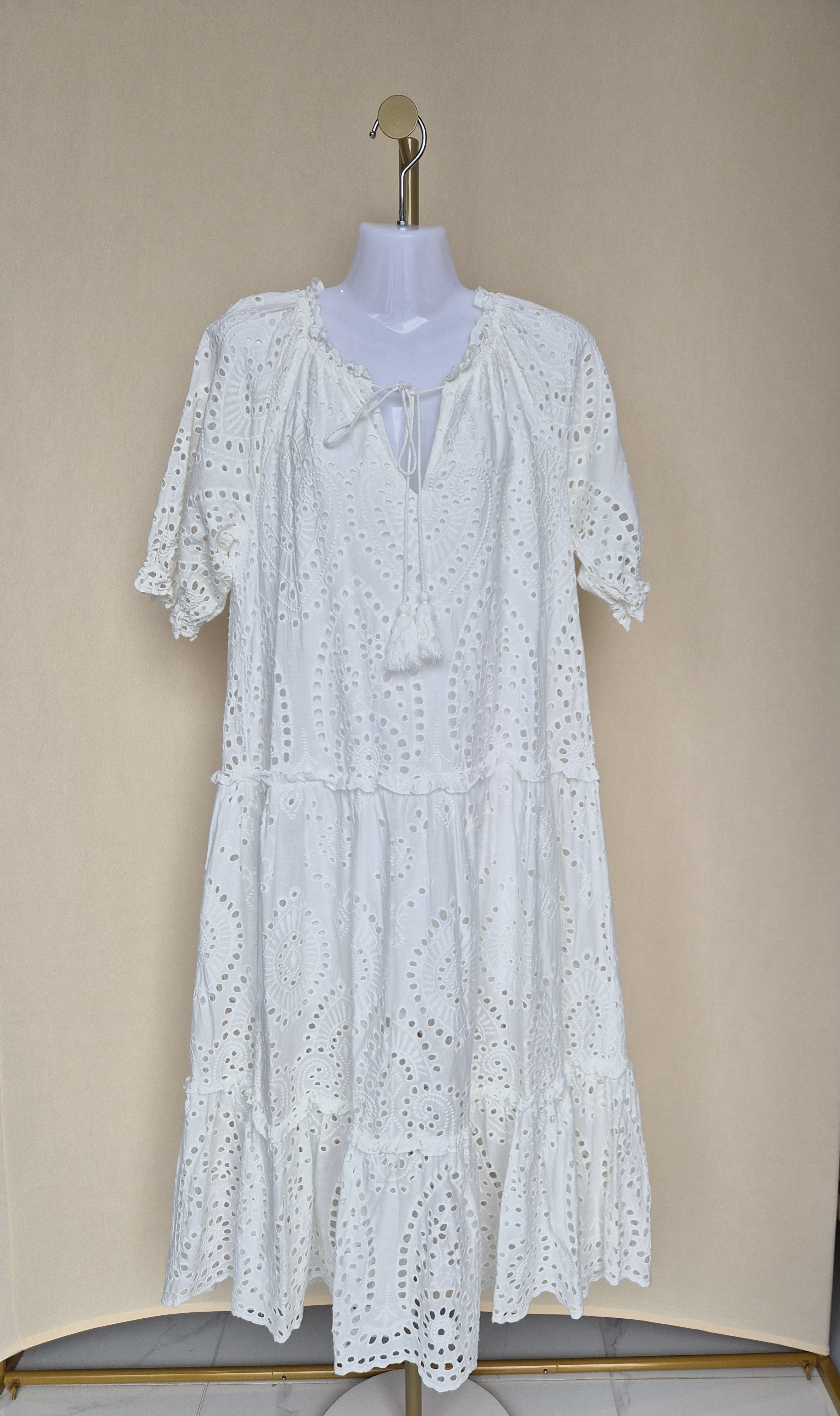 Blue Threads II White Broderie Anglaise Tiered Midi Dress (Size S)
