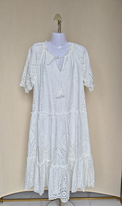 Blue Threads II White Broderie Anglaise Tiered Midi Dress (Size S)