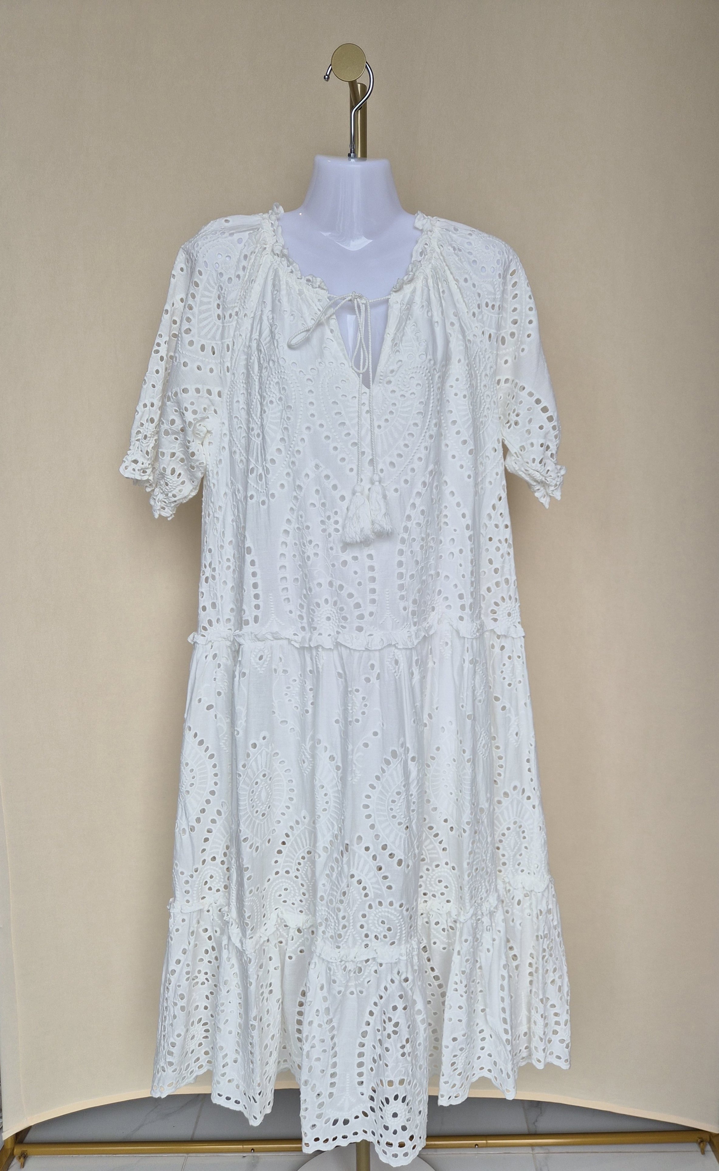 Blue Threads II White Broderie Anglaise Tiered Midi Dress (Size S)