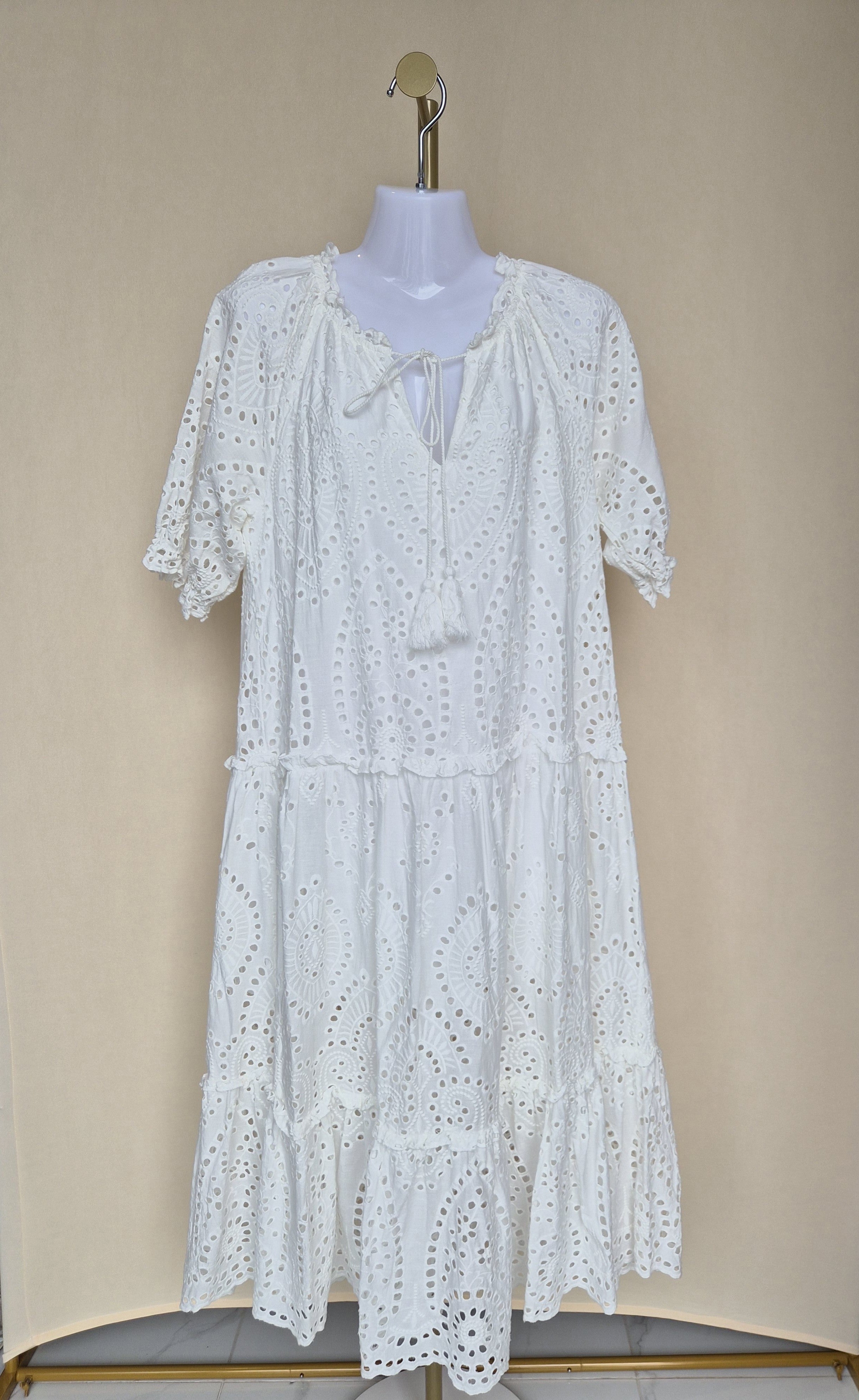 Blue Threads II White Broderie Anglaise Tiered Midi Dress (Size S)