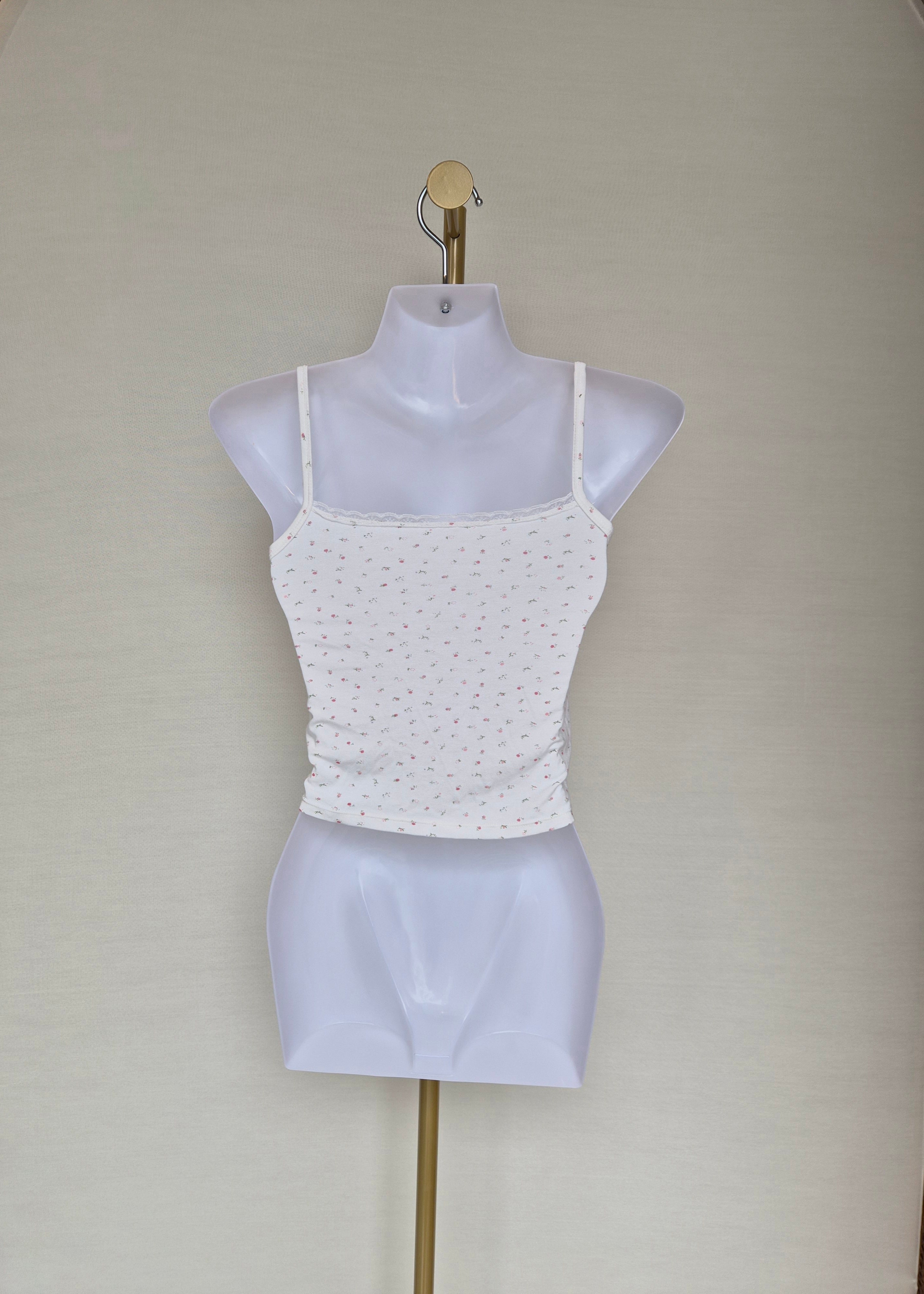 Floral Lace Trim Cami Top (White) Size S