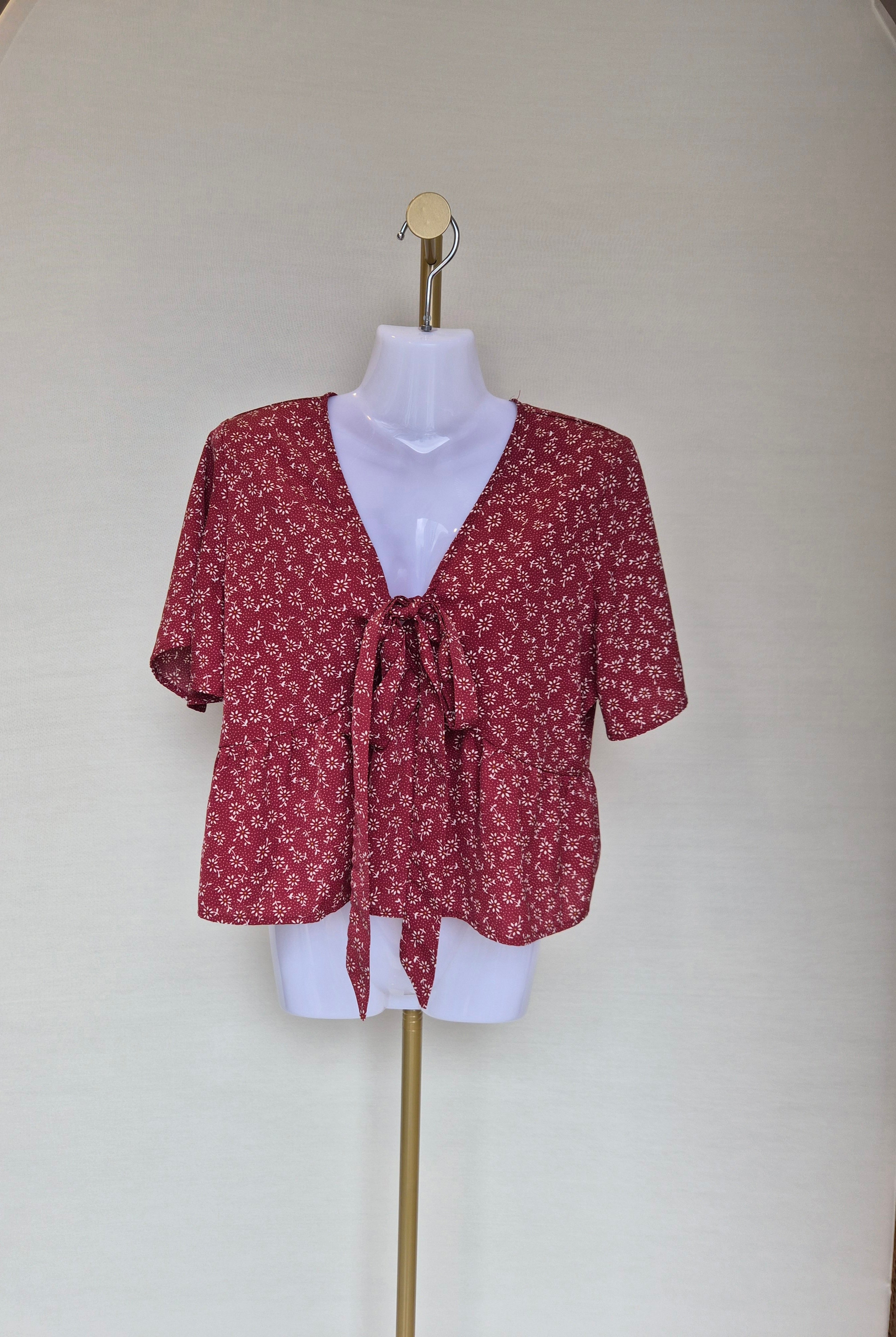 Red Floral Tie-Front Peplum Blouse Free Size