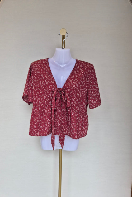 Red Floral Tie-Front Peplum Blouse Free Size