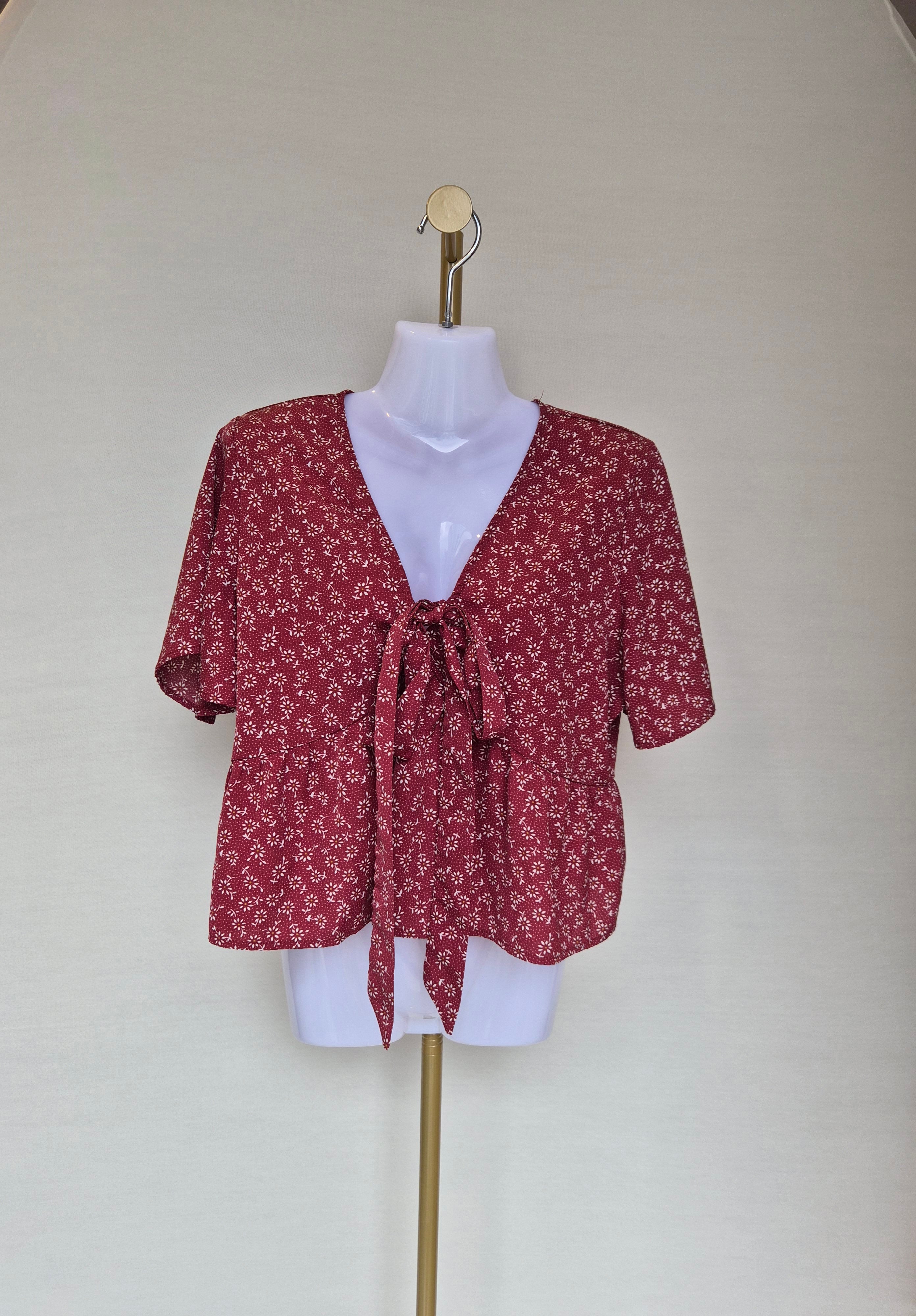 Red Floral Tie-Front Peplum Blouse Free Size