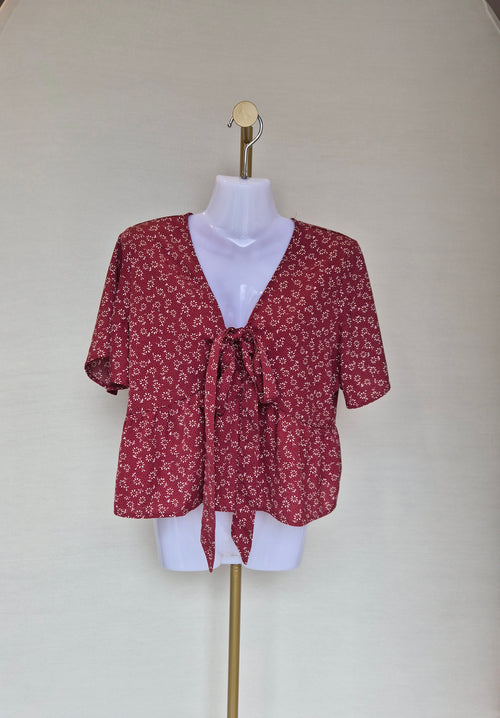 Red Floral Tie-Front Peplum Blouse Free Size