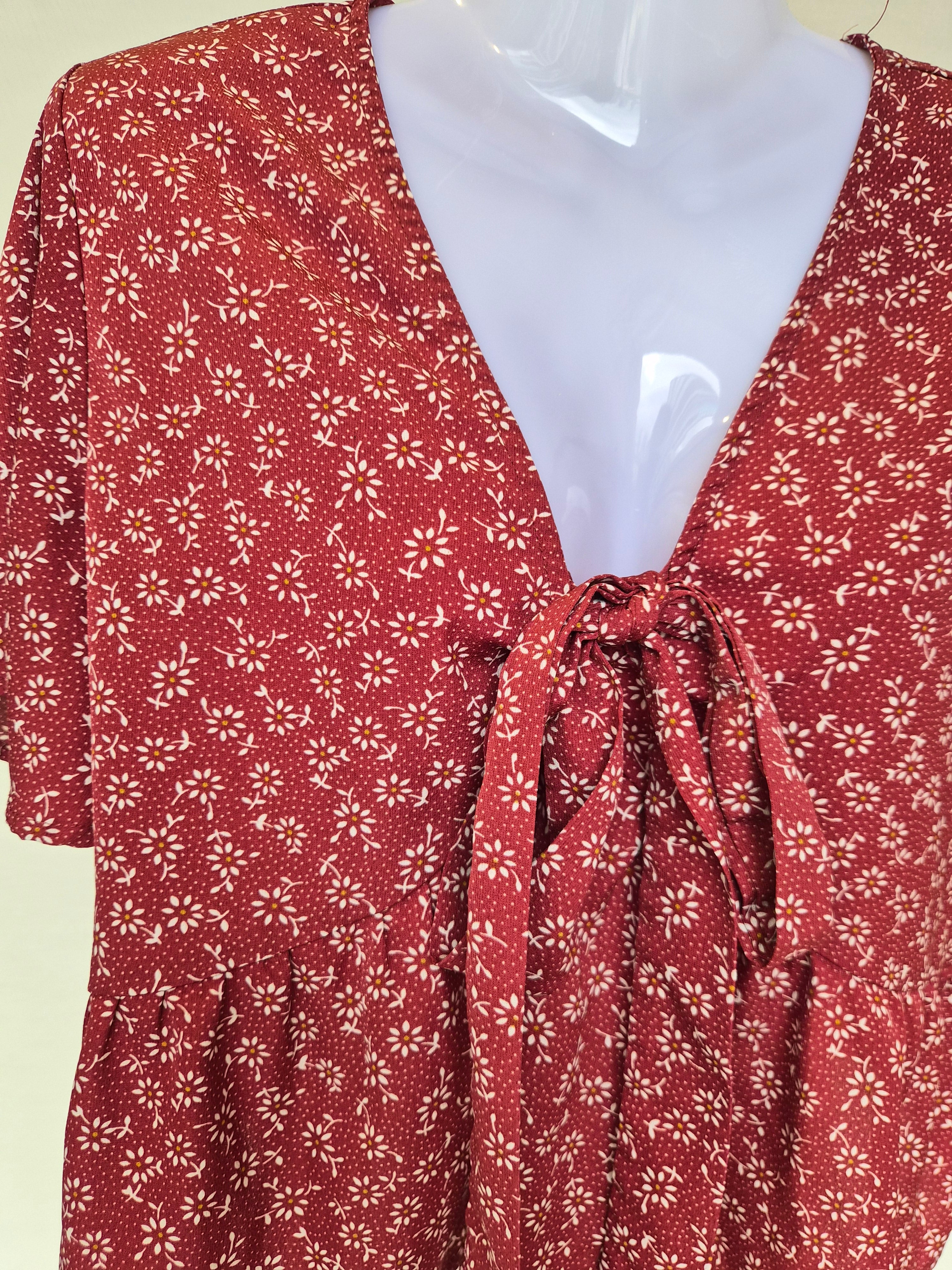 Red Floral Tie-Front Peplum Blouse Free Size