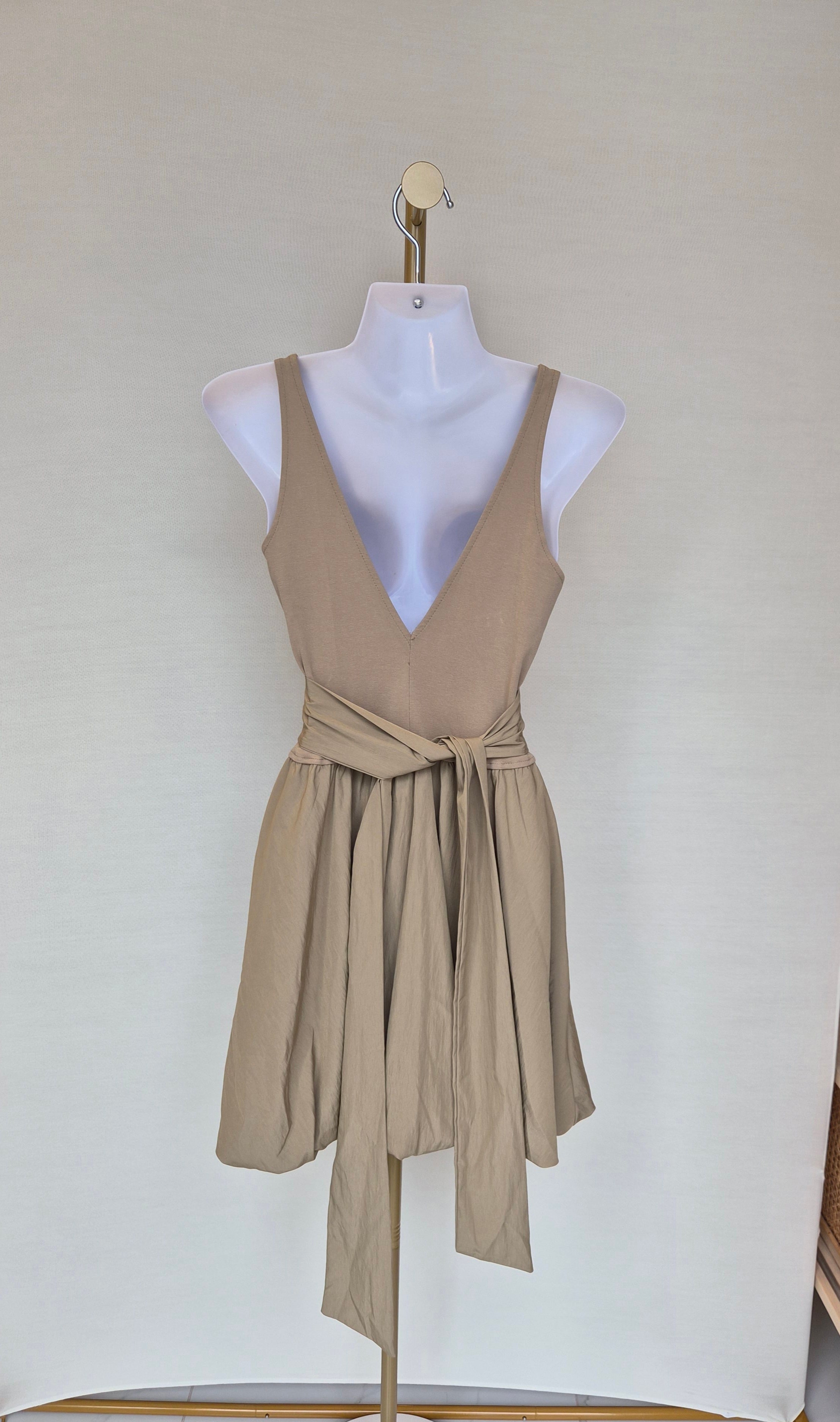 Beige Reversible Tie-Waist Mini Dress Size S