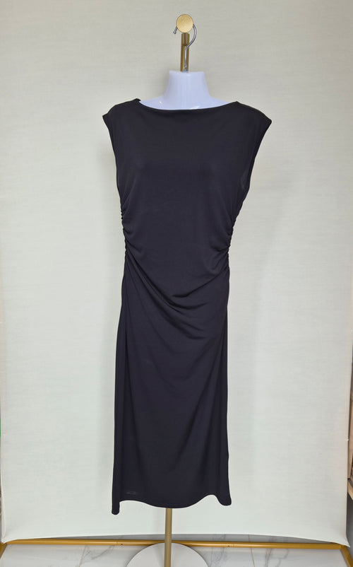 Elegant Black Ruched Midi Dress Size S