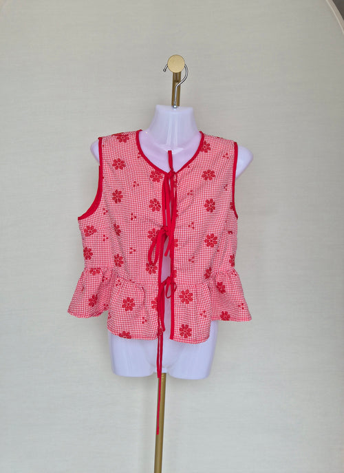 Red Gingham Floral Tie-Front Peplum Top Free Size