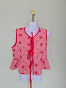 Red Gingham Floral Tie-Front Peplum Top Free Size