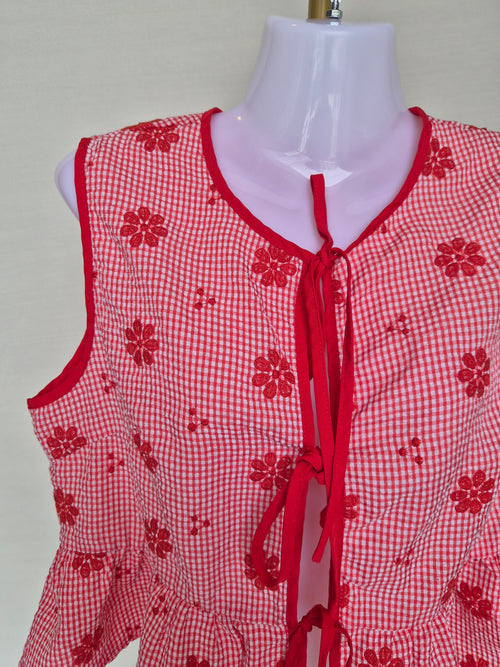 Red Gingham Floral Tie-Front Peplum Top Free Size
