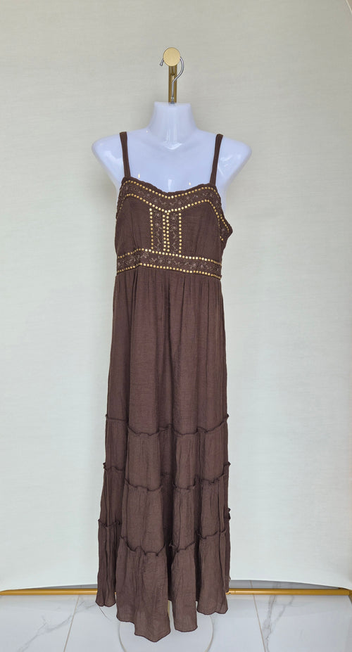 Brown Boho Maxi Dress with Sequin Detail Free Size