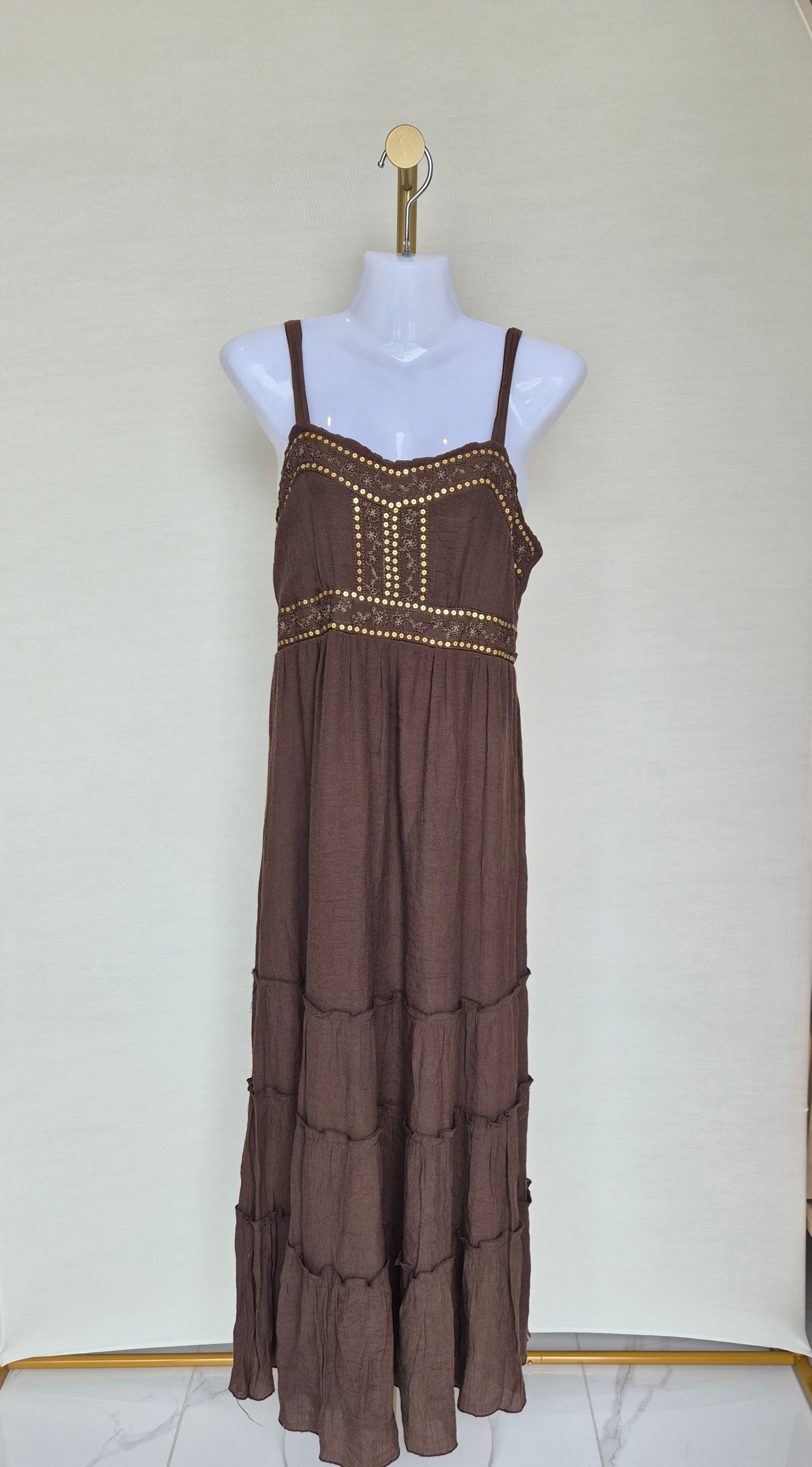 Brown Boho Maxi Dress with Sequin Detail Free Size