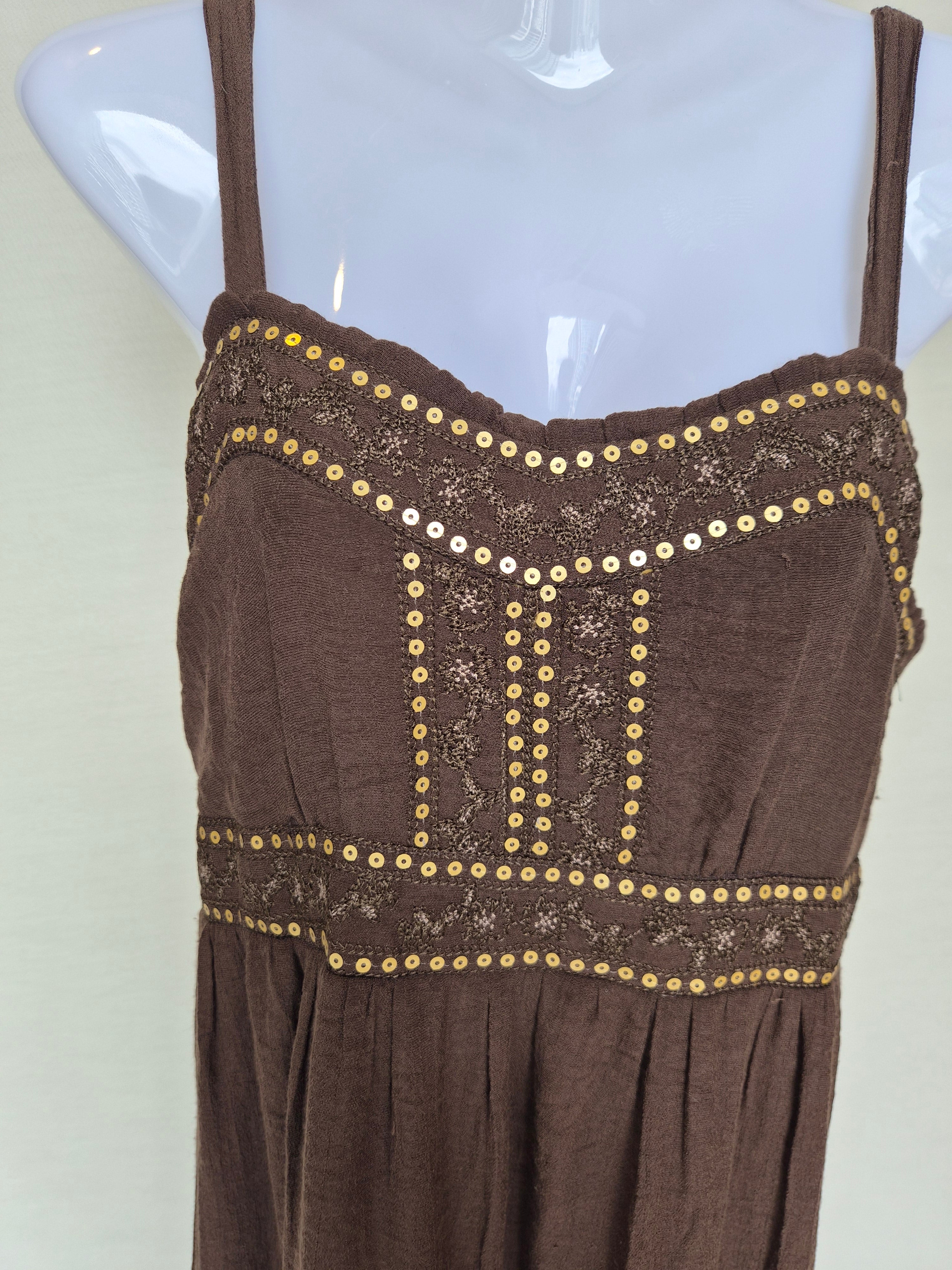 Brown Boho Maxi Dress with Sequin Detail Free Size