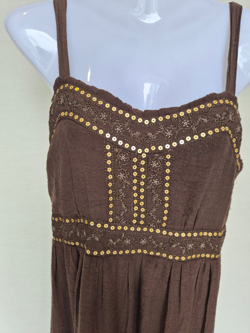 Brown Boho Maxi Dress with Sequin Detail Free Size