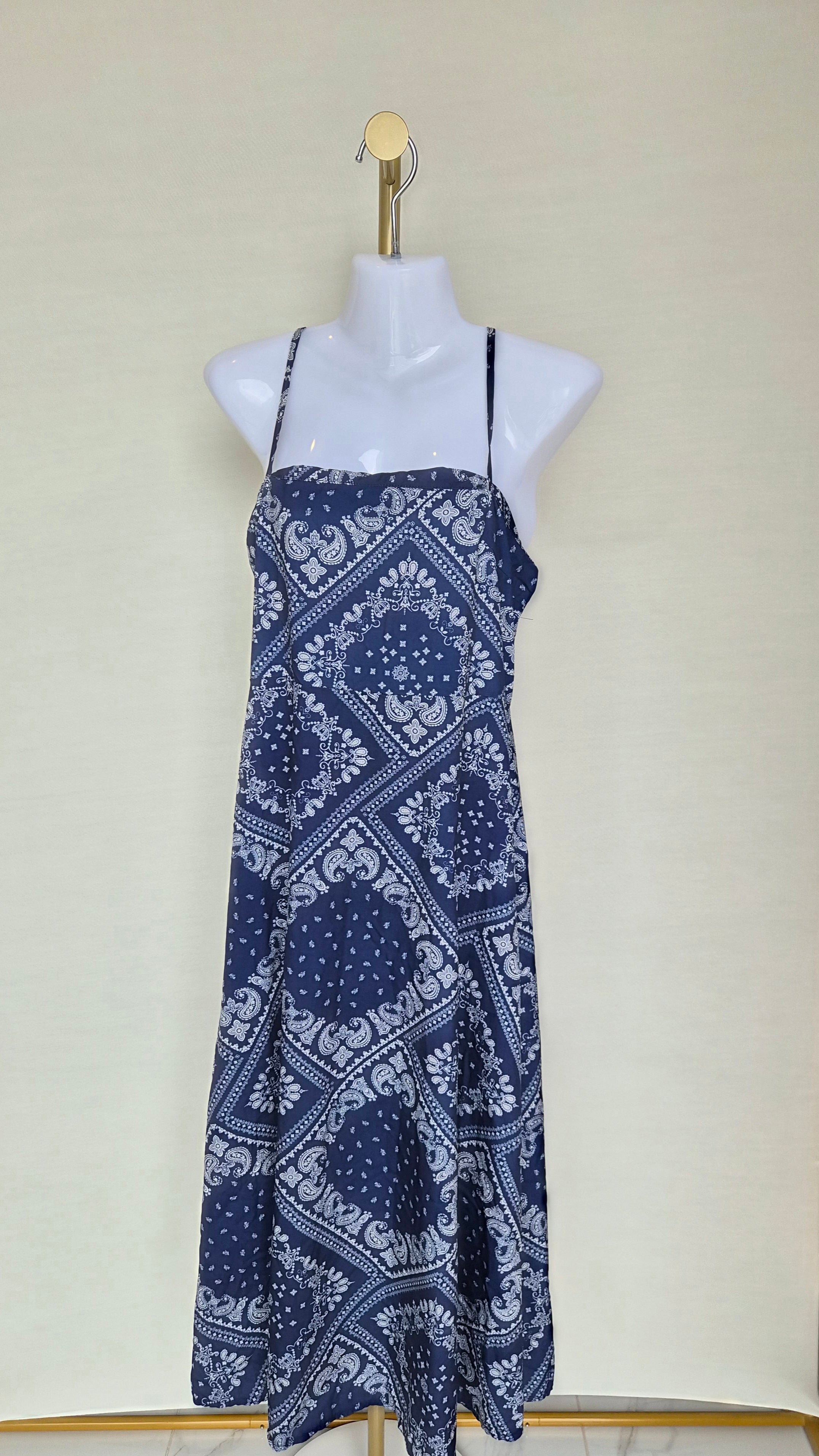 Navy Paisley Strappy Midi Dress Free Size
