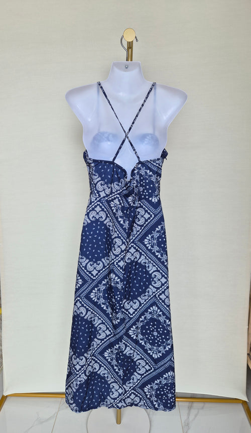 Navy Paisley Strappy Midi Dress Free Size