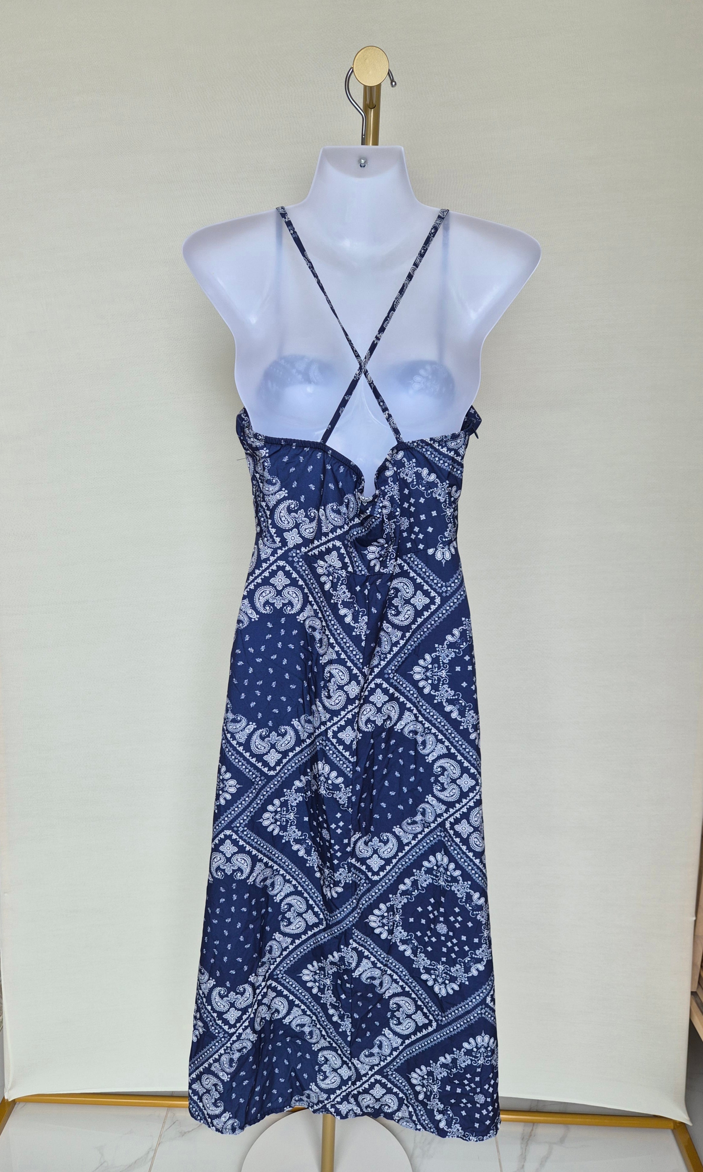 Navy Paisley Strappy Midi Dress Free Size