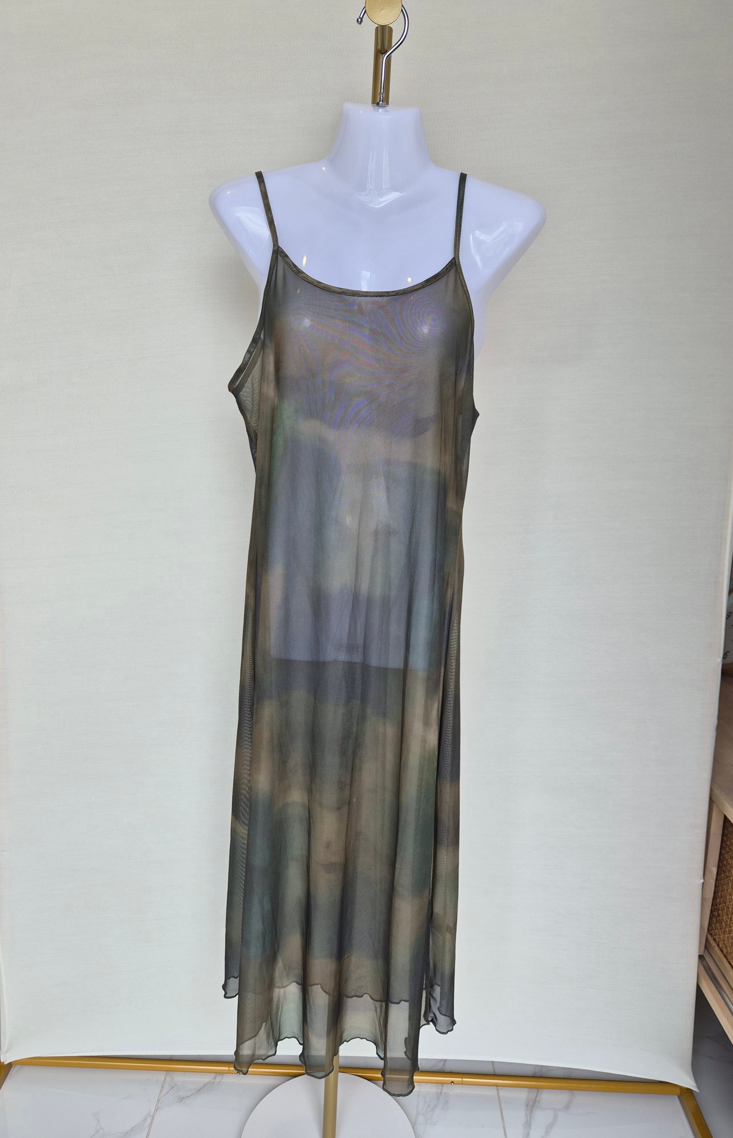 Sheer Mesh Maxi Cover-Up Dress – Olive Grey