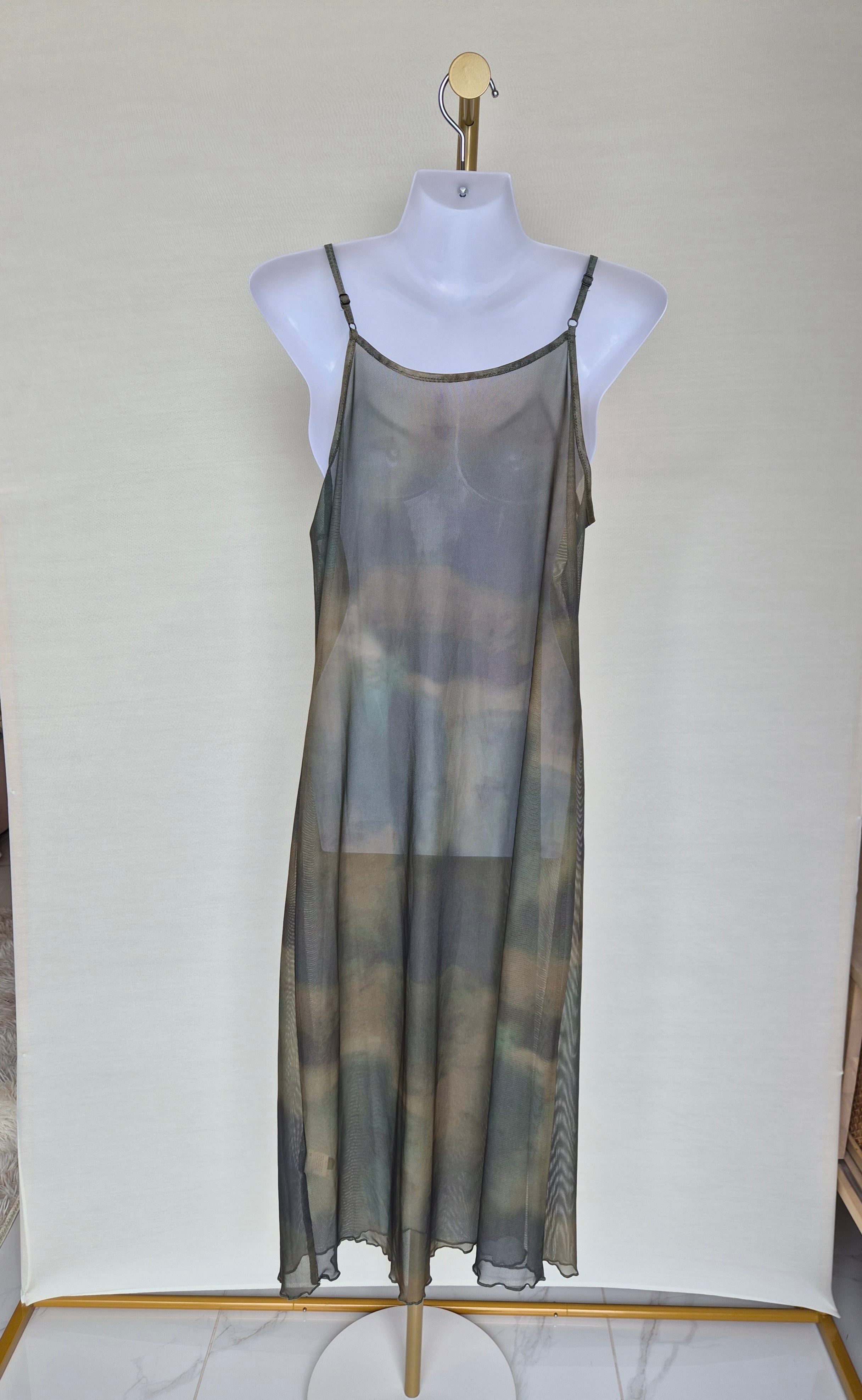 Sheer Mesh Maxi Cover-Up Dress – Olive Grey