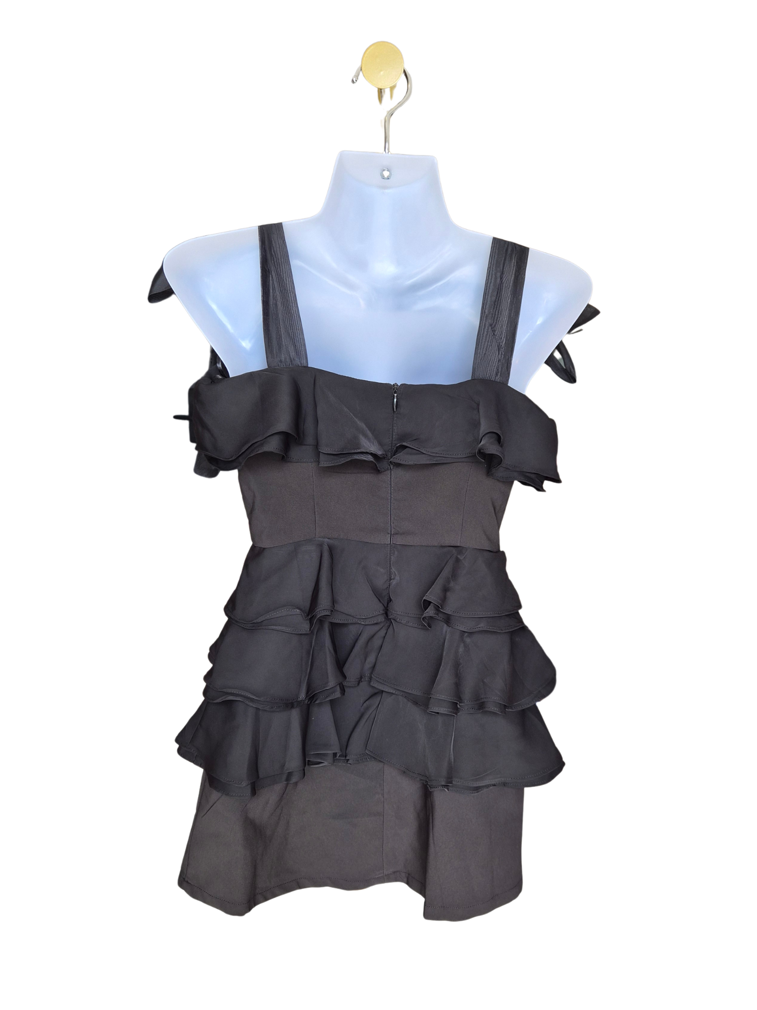 MDS Black Ruffle Mini Dress with Ribbon Tie Straps