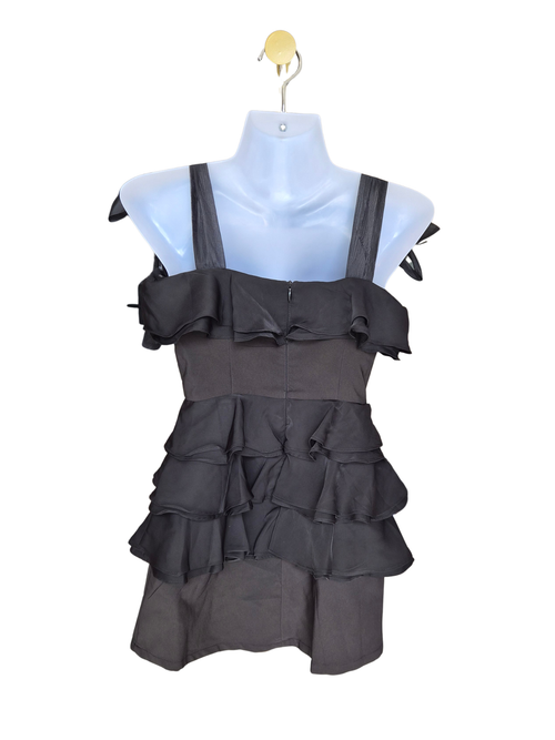 MDS Black Ruffle Mini Dress with Ribbon Tie Straps