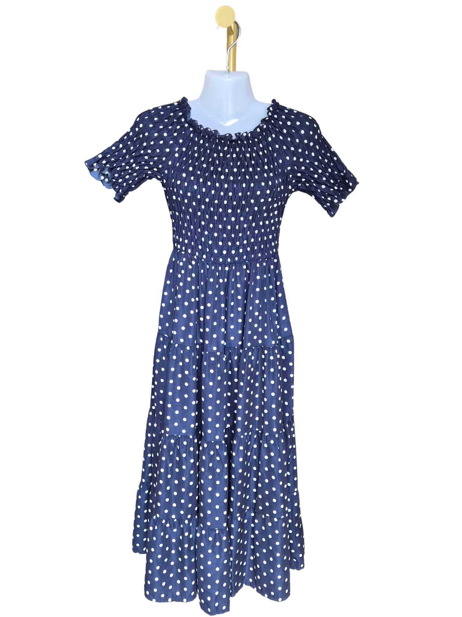 Navy Polka Dot Smocked Midi Dress