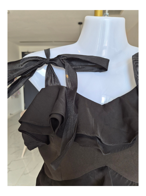MDS Black Ruffle Mini Dress with Ribbon Tie Straps