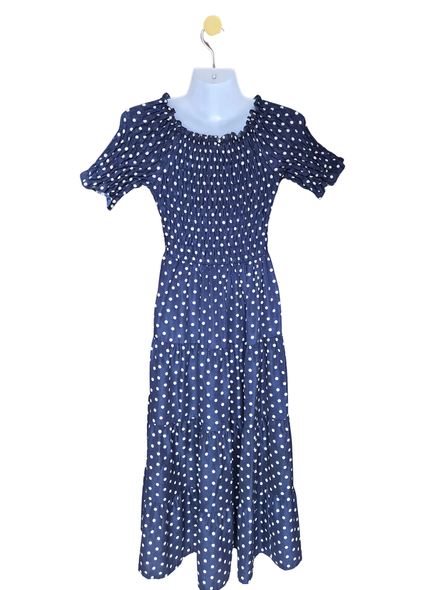 Navy Polka Dot Smocked Midi Dress
