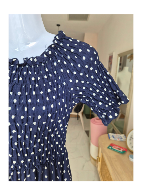 Navy Polka Dot Smocked Midi Dress